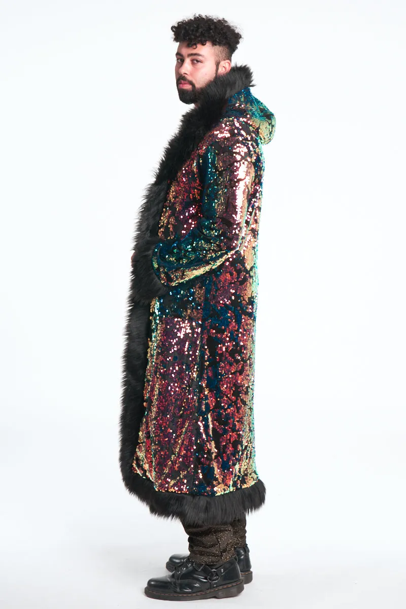 Deluxe Tamo Coat: Deep Sea Sequin   Black Faux Fur Trim